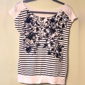 Loft Striped and Floral Cap Sleeve Top Boat Neckline XS